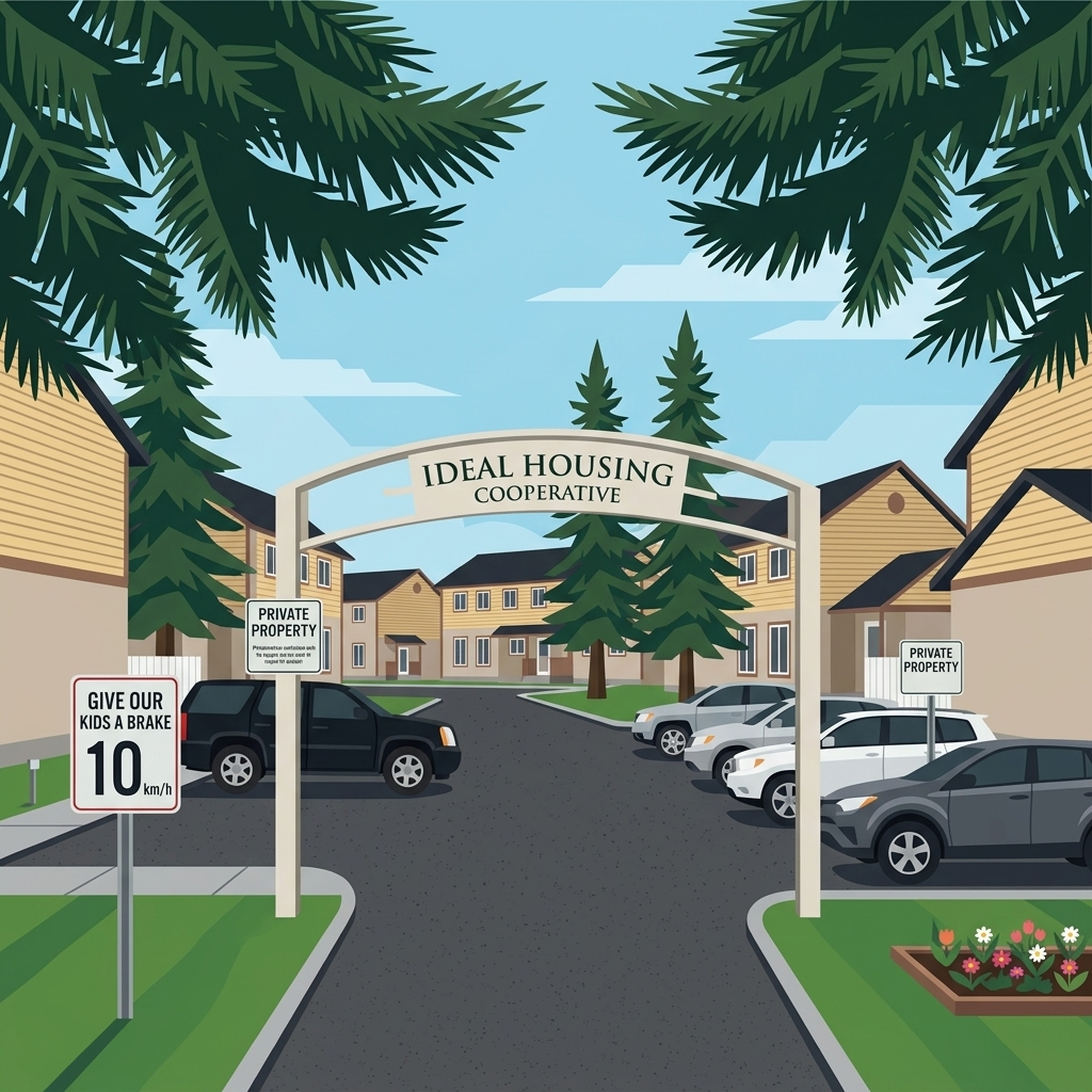 Ideal Housing Cooperative townhomes and common courtyard driveway